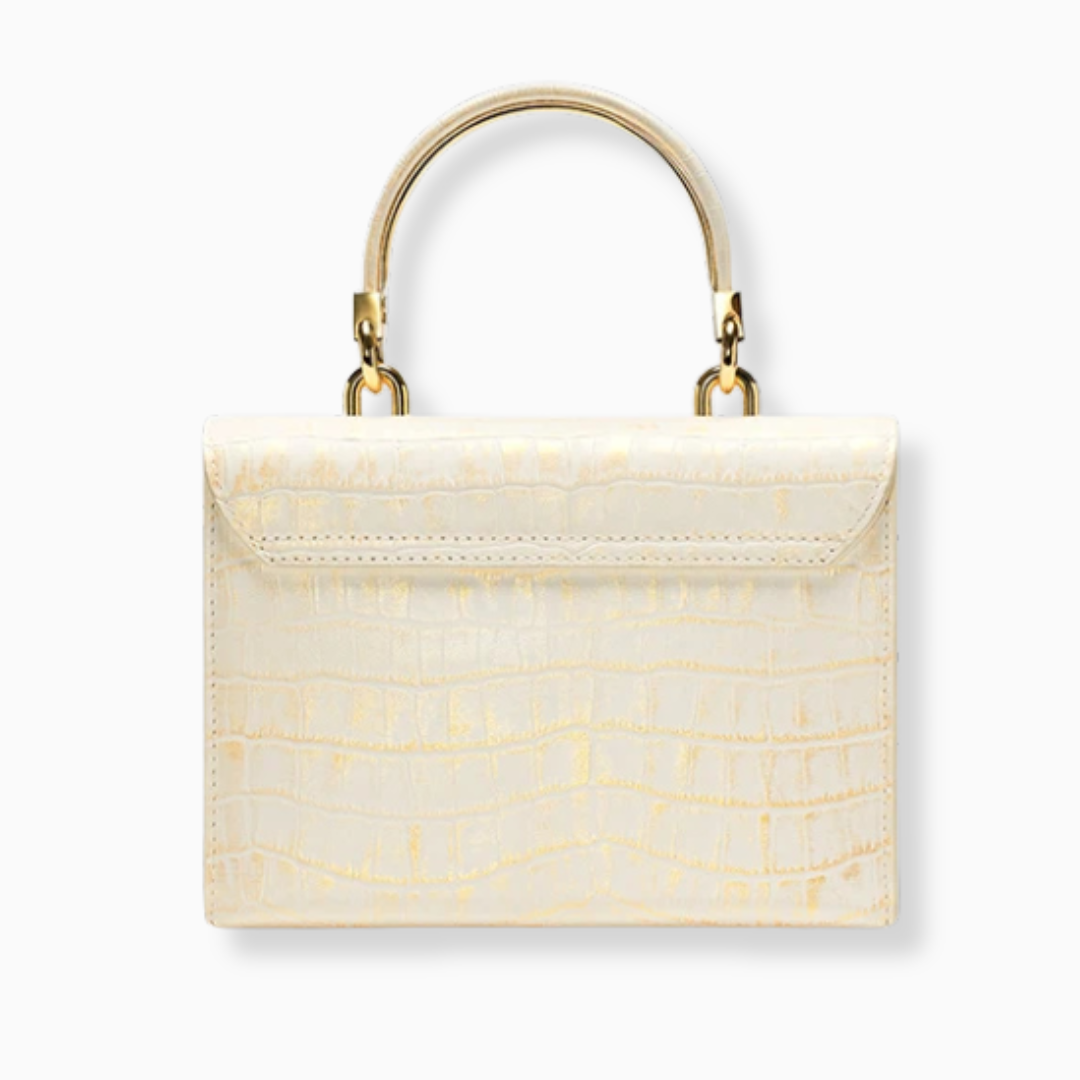 Kompakt Handväska i Naturligt Läder – Bågformad Design med Gulddetaljer, 20x8x15 cm Handväska Ali