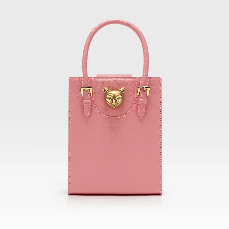 Mini Tote i Top Grain-läder – Guldfärgat Kattspänne & Justerbar Rem, 17,5x6,5x21,5 cm Handväskor Ali Rosa