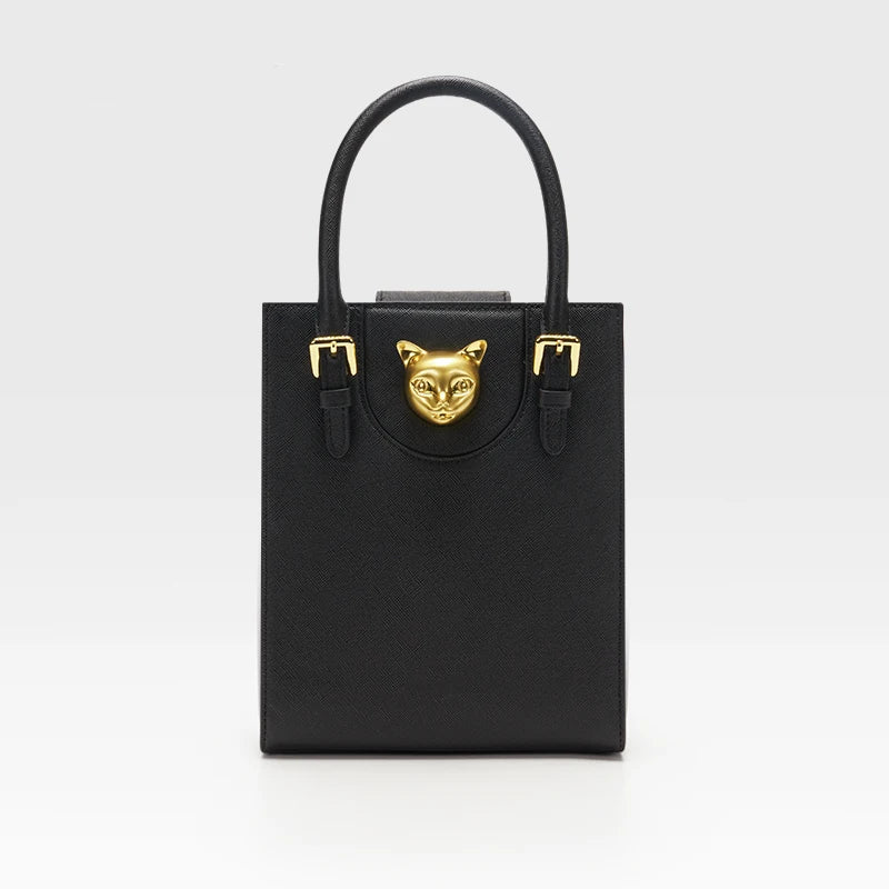 Mini Tote i Top Grain-läder – Guldfärgat Kattspänne & Justerbar Rem, 17,5x6,5x21,5 cm Handväskor Ali Svart