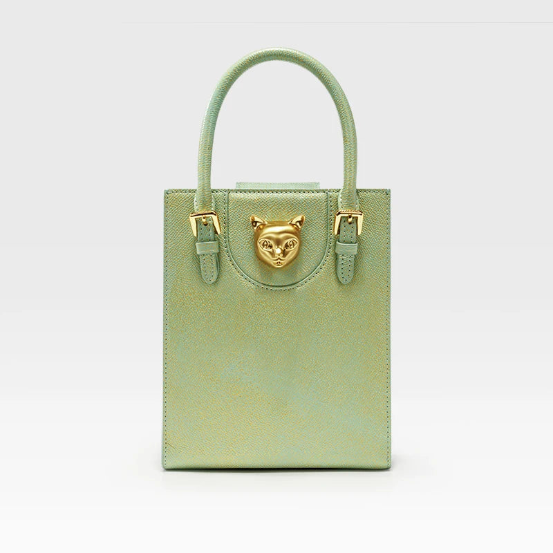 Mini Tote i Top Grain-läder – Guldfärgat Kattspänne & Justerbar Rem, 17,5x6,5x21,5 cm Handväskor Ali Grön