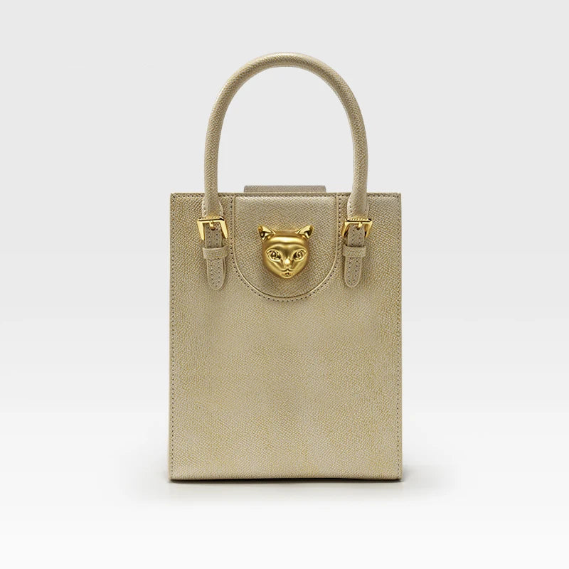 Mini Tote i Top Grain-läder – Guldfärgat Kattspänne & Justerbar Rem, 17,5x6,5x21,5 cm Handväskor Ali Ljusgrå