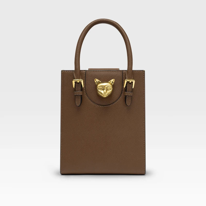 Mini Tote i Top Grain-läder – Guldfärgat Kattspänne & Justerbar Rem, 17,5x6,5x21,5 cm Handväskor Ali Brun