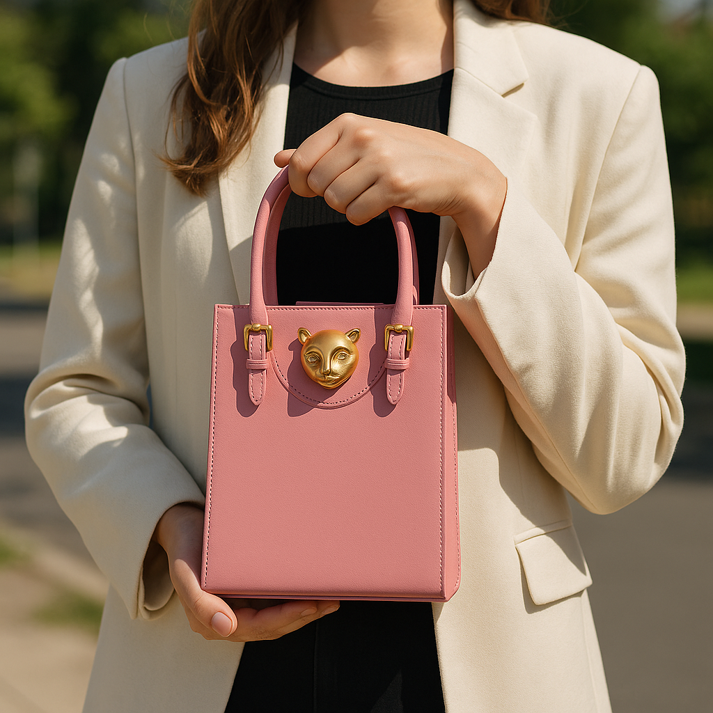 Mini Tote i Top Grain-läder – Guldfärgat Kattspänne & Justerbar Rem, 17,5x6,5x21,5 cm Handväskor Ali