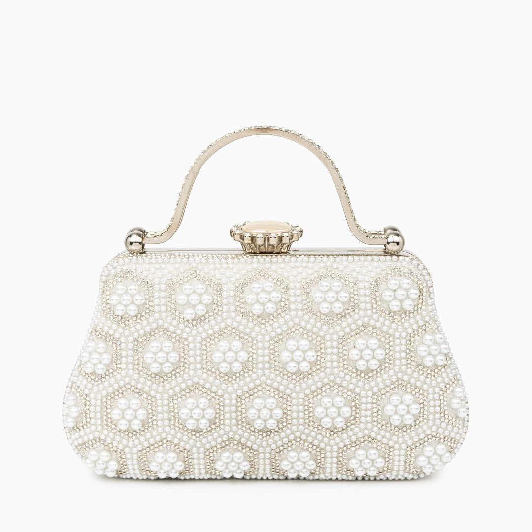 Pärlclutch med Blommönster & Metallhandtag – Festväska med Glans, 21x5,5x18 cm Handväska Velinoro Vit