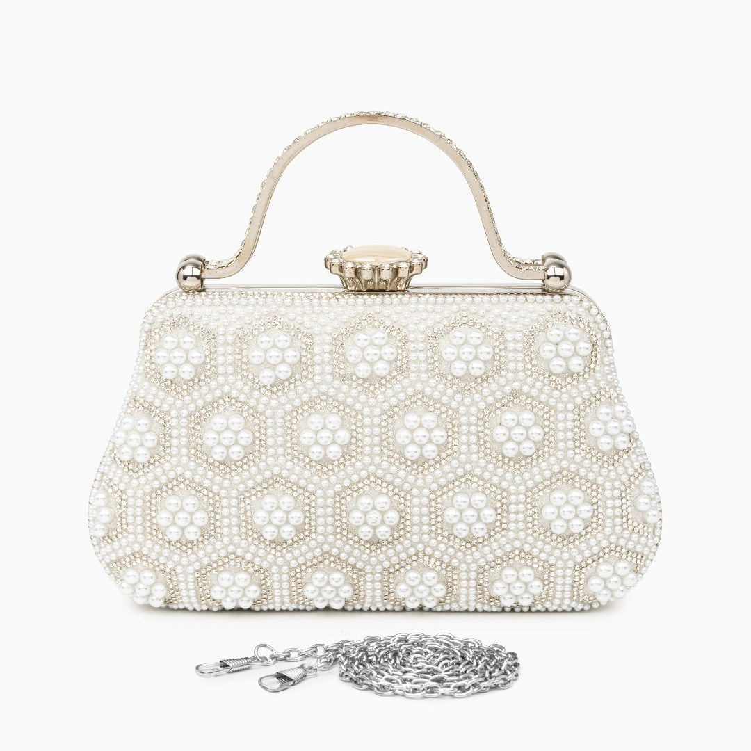 Pärlclutch med Blommönster & Metallhandtag – Festväska med Glans, 21x5,5x18 cm Handväska Velinoro