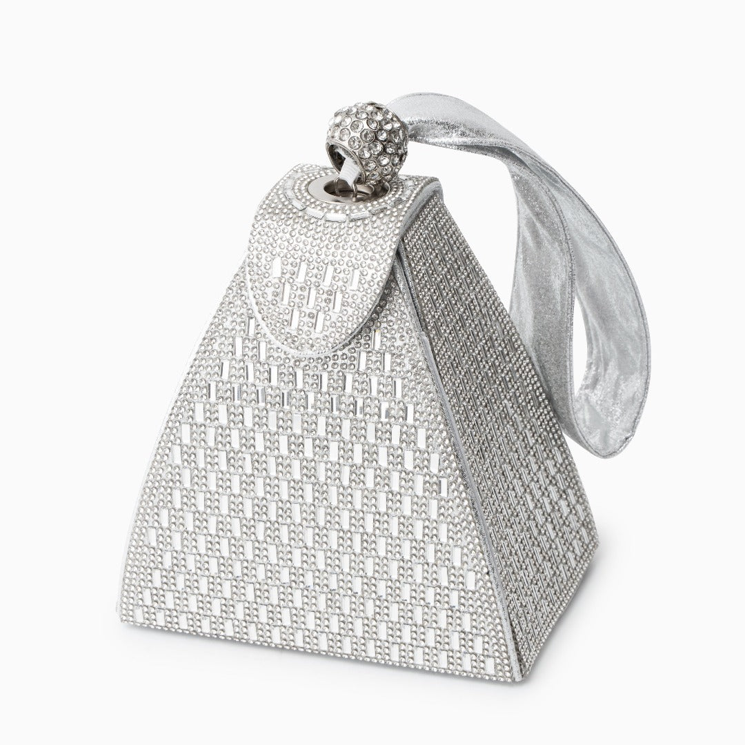Pyramidformad Aftonväska i Veganskt PU med Rhinestones – Glittrande & Elegant, 14x10x18 cm Handväskor Velinoro Silver