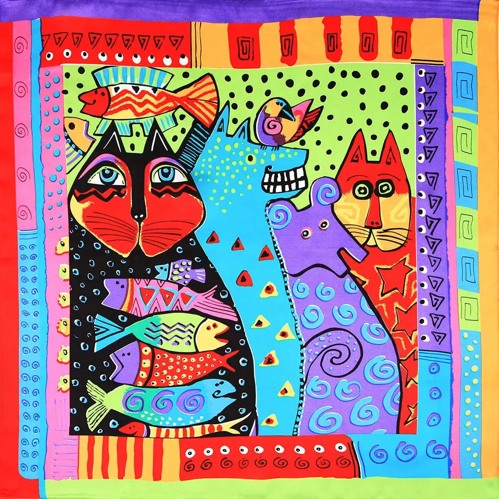Sidenhalsduk i 100 % Silke – Kvadratisk Bandana 53×53 | Velinoro Scarves Ali 21 Cats 53cm x 53cm