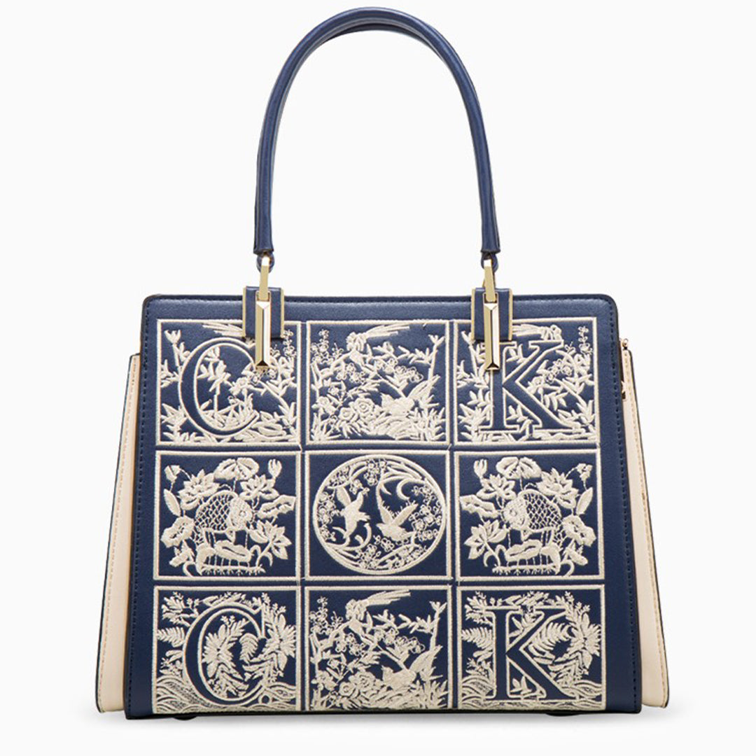 Broderad Toteväska i Veganskt Läder – Elegant & Rymlig, 30x12x22 cm Handväska Velinoro Marinblå