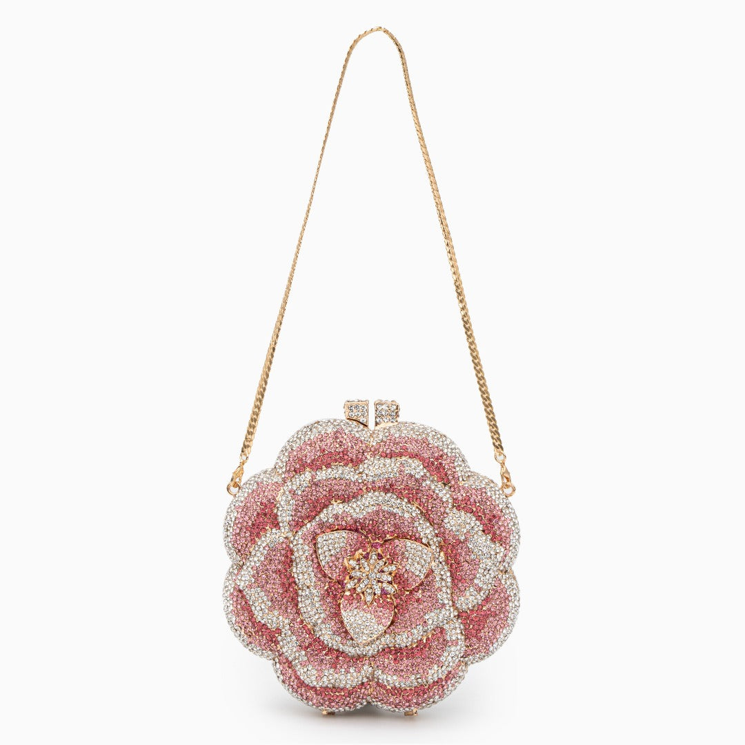 Blommig Clutchväska med Strass – Elegant Aftonväska i Knallrosa 18x6x12 cm Kuvertväska Velinoro