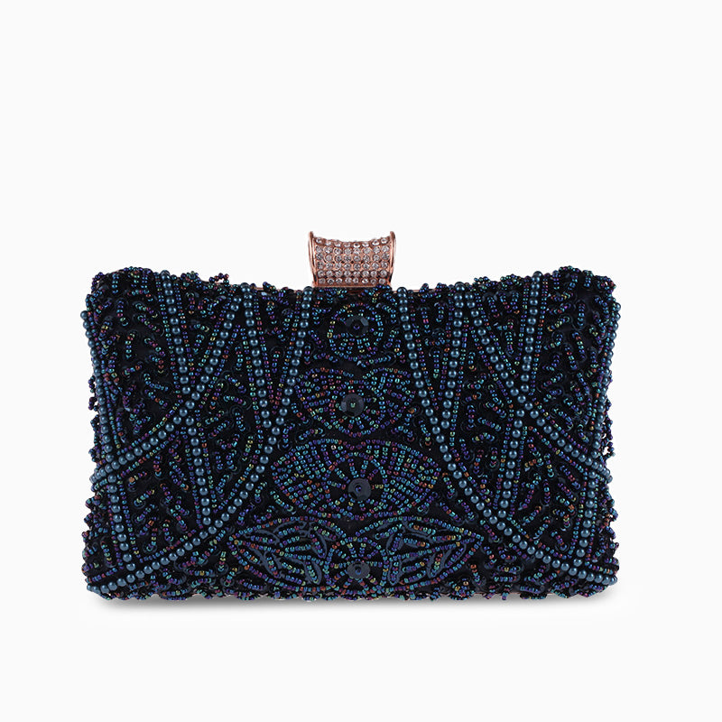 Lyxig Kuvertväska med pärlbroderi – elegant clutchbag 20x6x12 cm Kuvertväska Velinoro Marinblå