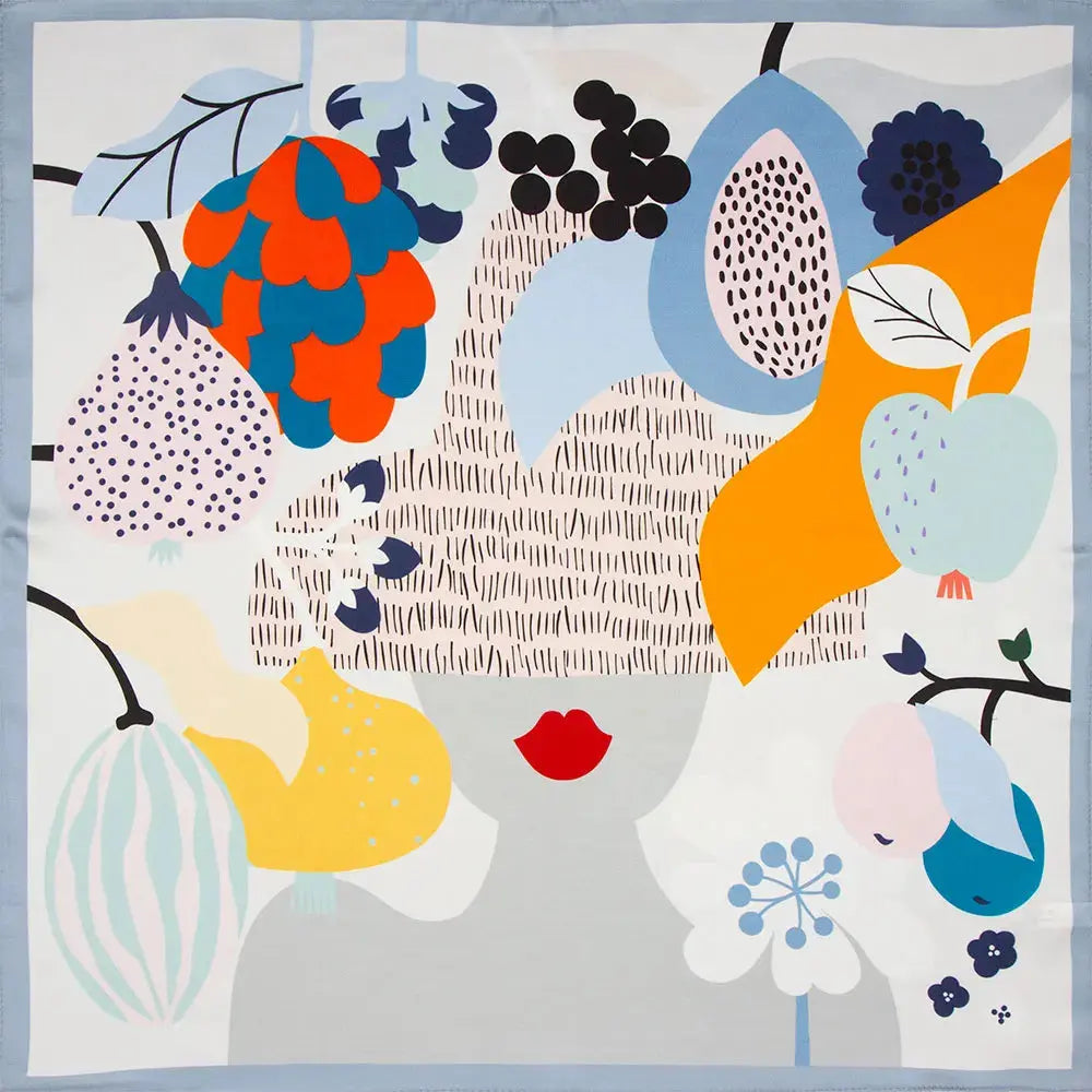 Sidenhalsduk i 100 % Silke – Kvadratisk Bandana 53×53 | Velinoro Scarves Ali 7 Fruit girl 53cm x 53cm