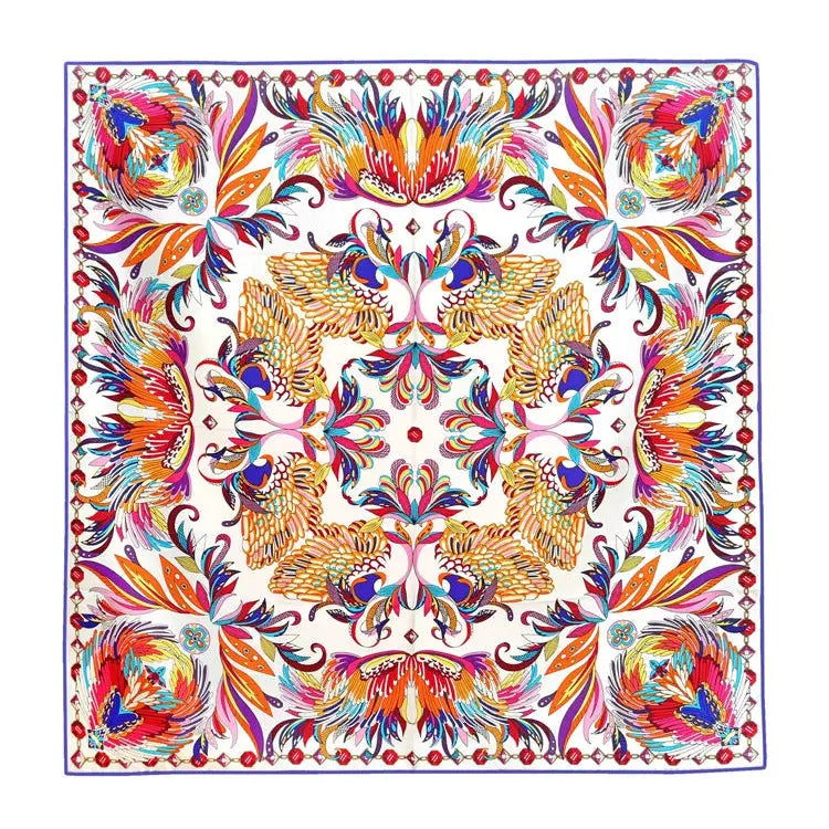 Sidenscarf 90×90 i Twillsiden – Färgstarkt Svanmotiv | Velinoro Scarves Ali