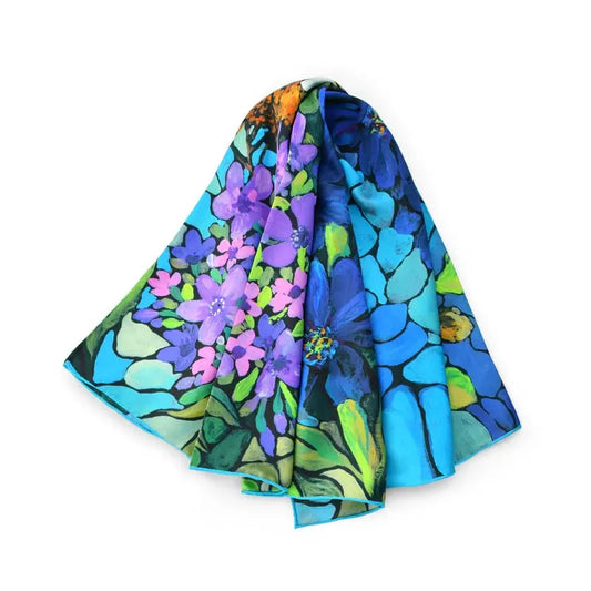 Sidenscarf – Blåviolett Twillsiden med Blommor & Fåglar - Velinoro.com