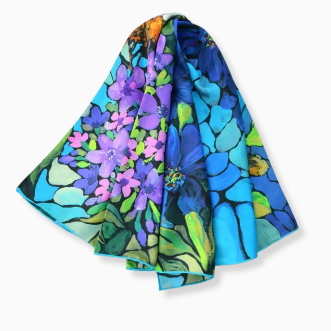 Sidenscarf i Blåviolett Twillsiden – Blommor & Fåglar 90×90 | Velinoro Scarves Ali
