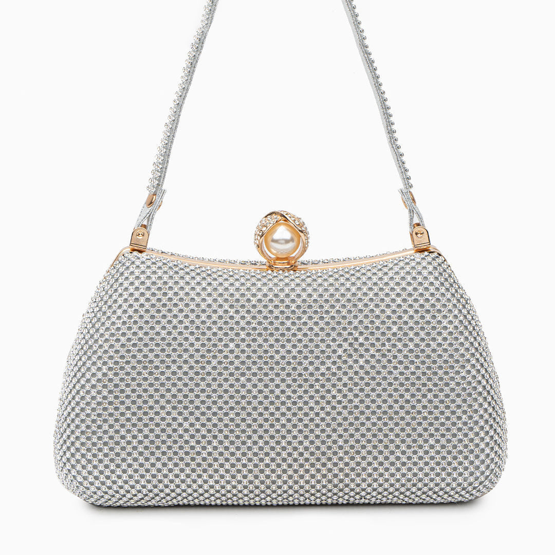 Vintageinspirerad Glittrande Handväska med Pärldetalj – Elegant & Rymlig, 22x8x25 cm Handväskor Velinoro Silver